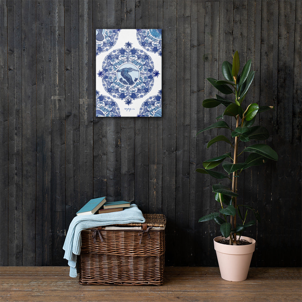 Delft Blue Pelican Blue and White Fine Coastal Art Canvas Print 18" x 24"
